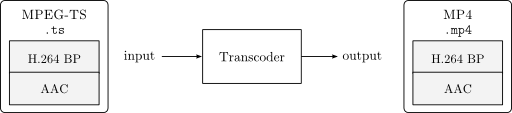 Media container conversion performed in the transcoder module.